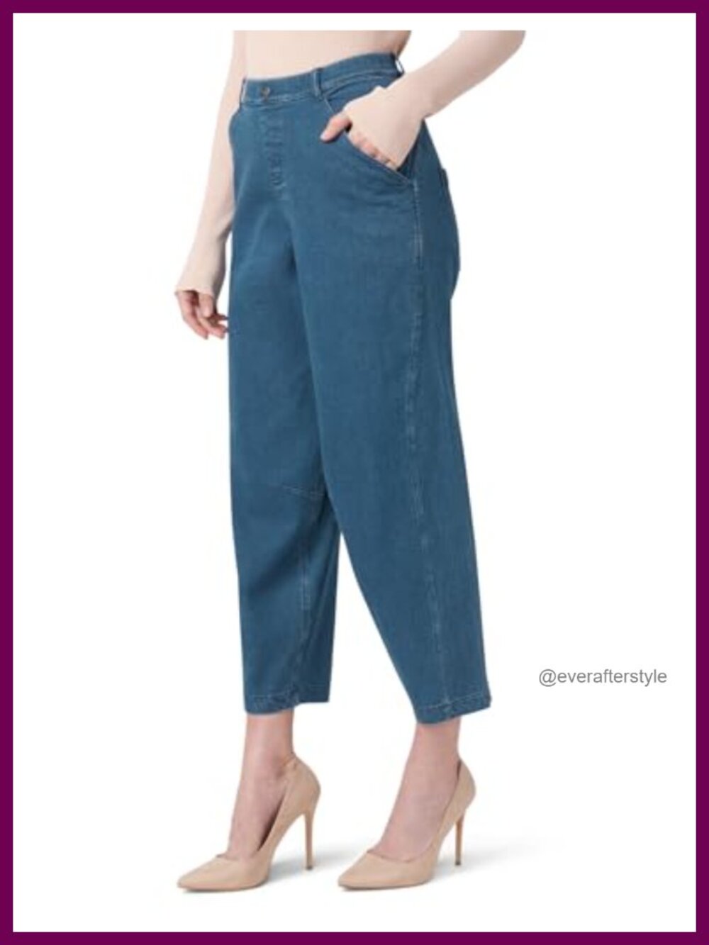 Womens Barrel Leg Jeans Skimmer Pull On Mid Rise Ankle Cropped Denim - Picture 2 of 5